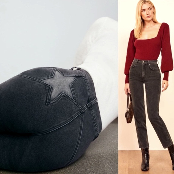 Reformation 26 High Rise Straight Leg STAR Seamed Jeans Crop Denim Washed Black - Picture 10 of 10
